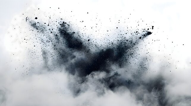 Stock image of black powder explosion with dust particles and smoke on white background design