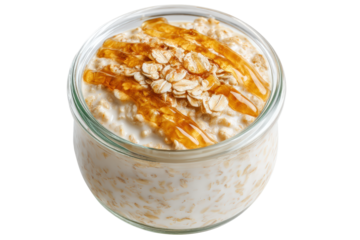 Overnight oats with honey and granola in a glass jar, isolated on transparent background