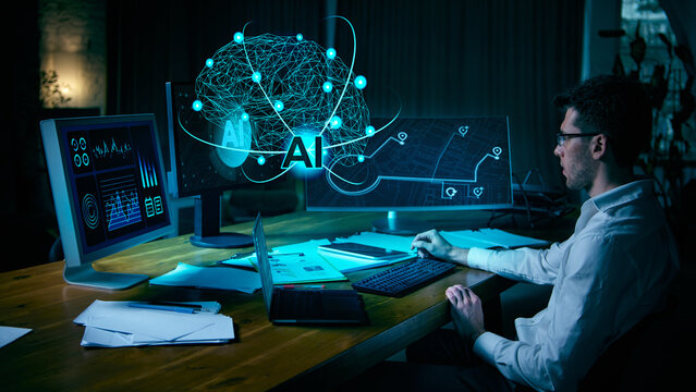 Man at workstation with AI hologram and multiple data screens. Concept of technology, digitalization, AI-powered workflows, cybersecurity, fintech, and mental health in tech spaces. Collage