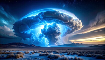 Vast, stormy cloud, electric blue, desert landscape, night sky