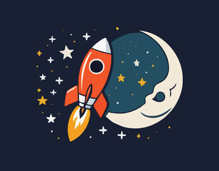 A cartoon drawing of a rocket with the moon and stars