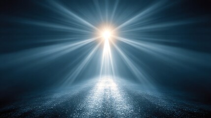 Bright Light Radiating From a Central Point with Beams and Reflection on Water Surface in Dark Sky