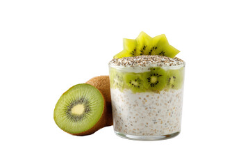 Healthy chia seed pudding with fresh kiwi slices and whole fruit, isolated on transparent background