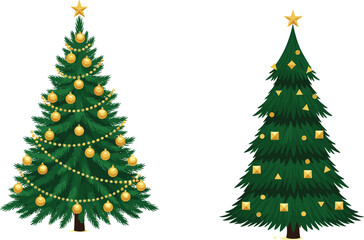 Vector illustration of two decorated Christmas trees with golden ornaments, showcasing traditional and modern holiday styles for festive seasonal design themes.