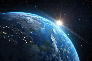 Obraz premium The blue planet Earth, soft halo of ozone, sunlight on curvature,