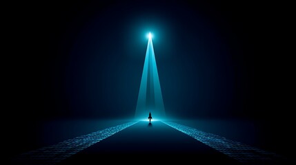 Futuristic Person Standing on Bright Pathway in Dark Space with Blue Light Beam