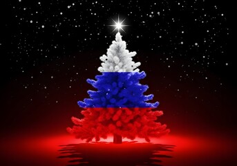 Festive christmas tree decorated with the russian flag under a starry night sky