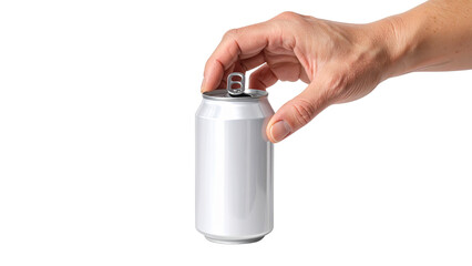 There is a man holding a can of soda or juice.