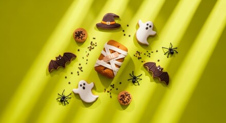 Spooky Halloween dessert assortment with mummy pastry ghosts and bats on a green background with dramatic shadows.