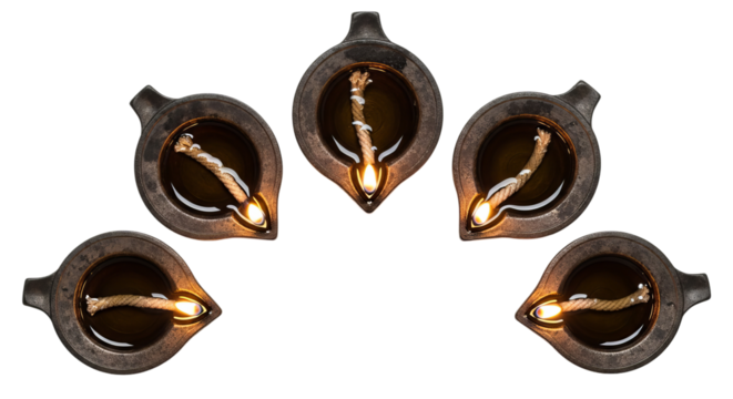 Set of five oil lamps arranged in semicircle on white background showcasing traditional lighting