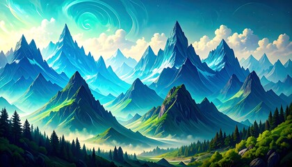 Vast, vibrant mountain range with surreal sky