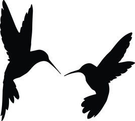 Silhouettes of two hummingbirds in flight facing each other showcasing symmetry, motion, interaction, and graceful avian elegance