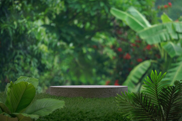 minimal concrete podium table top with outdoors in tropical forest nature background.natural product pedestal modern stand display,jungle paradise concept.