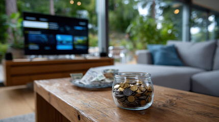 A stylish living room features a glass jar filled with coins, showcasing a contemporary design and a television in the background, emphasizing modern living aesthetics.