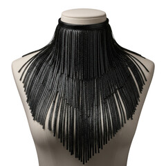 Black beaded fringe statement necklace isolated on transparent background