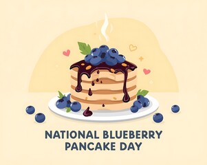 National blueberry pancake day stack of fluffy pancakes topped with blueberry compote and syrup drizzle with fresh berries, styled for breakfast menus, social media and cafe promotions