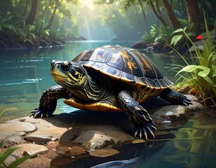 Turtle in a sunlit riverbank