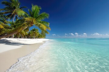 Naklejka premium Tropical beach paradise with swaying palm trees