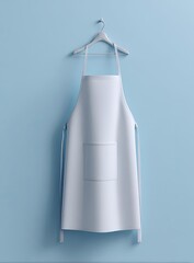 Blank white apron hanging on a light wooden hanger against a pale blue wall