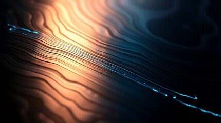 Abstract Damascus Steel Pattern with Glowing Blue Light and Wavy Layers