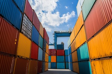 Fototapeta premium Colorful shipping containers stacked in a busy port during a sunny day