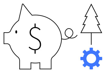 Piggy bank with dollar sign, tree, and blue gear representing financial savings, environmental sustainability, and growth. Ideal for investment, ecology, planning, balance innovation economy