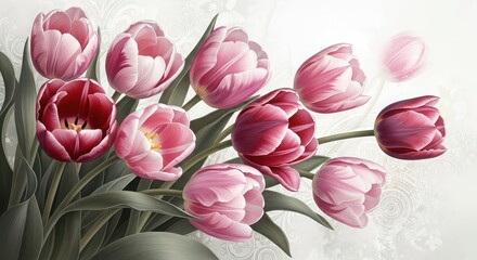 Obraz premium Bouquet of pink and red tulips on a light background