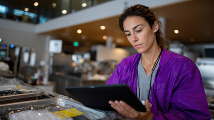A healthcare professional dressed in scrubs and a purple coat examines data on a tablet, showcasing the integration of technology in modern healthcare practices and management.