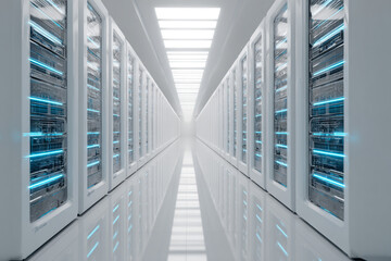High-tech corridor lined with sleek server racks and white glowing walls. Minimalist futuristic atmosphere representing advanced computing systems.