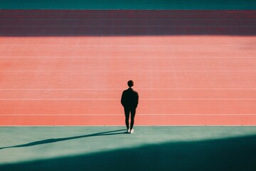Obraz premium Silhouette of a young athlete standing on a running track, casting a long shadow, contemplating upcoming competitions and personal goals