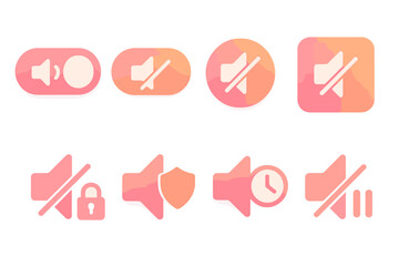 Audio control silhouette icon set. featuring mute, speaker, volume, lock, shield, and timer symbols