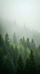 Fototapeta premium Aerial view of misty pine forest on a mountain slope