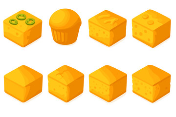 Cornbread Icon Medley. Cornbread Variations set of icons in gradient flat : jalapeño cornbread, sweet cornbread muffin, cheesy cornbread slice,