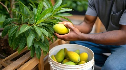 Hands picking fruit their knuckles weathered gather mangoes in a tropical urban garden the tree’s leaves glossy. A plastic bucket its handle scratched holds the harvest and
