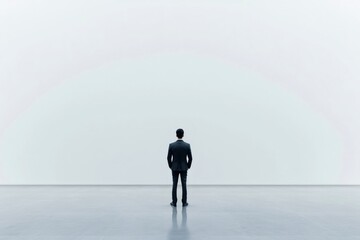 Obraz premium Businessman standing with his hands in his pockets looking at a large white wall in a large empty room