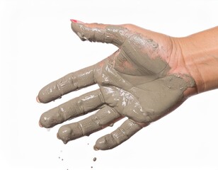 Fototapeta premium Woman's hand covered in wet grey mud mask dripping, isolated on white background