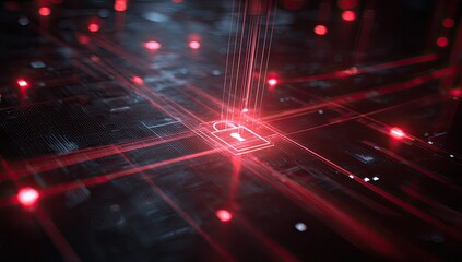 Digital padlock on a network grid.  Red glowing lines crisscross