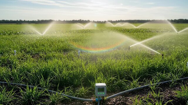 Medium shot of sensorcontrolled irrigation system monitoring soil moisture in a green pasture to optimize water usage and enhance crop growth efficiency.