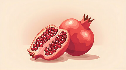 Two vibrant pomegranates, one whole and one halved, displayed against a soft peach background.