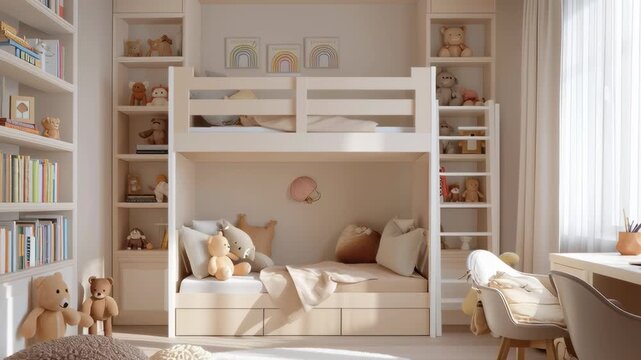 Cozy kids room with bunk bed, bookshelves, desk, and soft toys in natural light, creating a modern and comfortable interior design