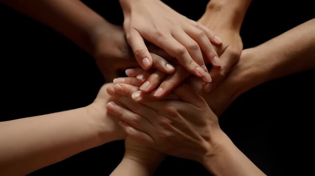 Diverse group of people stacking hands in unity