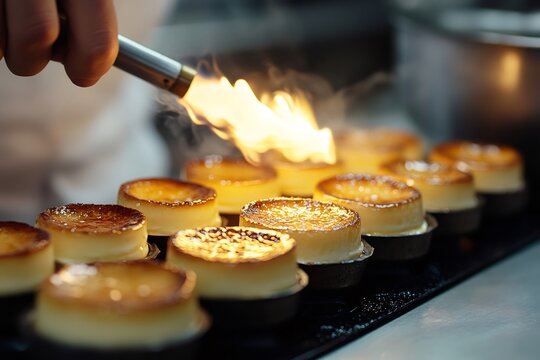 Baker using a blowtorch to caramelize the sugar on individual creme brulee desserts, creating a crispy topping - Powered by Adobe