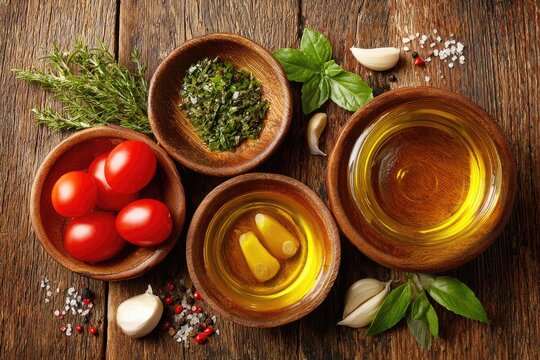 Wooden bowls of fresh herbs, spices, tomatoes, garlic, and olive oil on a rustic wooden table