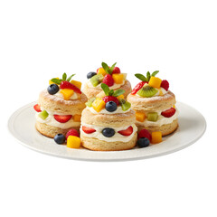 Individual Fruit Cream Shortcakes Topped with Mixed Berries and Mango isolated on a transparent background 