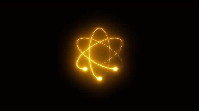 Neon atom icon, flickering emergence animation Isolated on black background