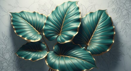 Group of lush green tropical leaves with gold edges