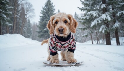 Dog wearing knitted sweater standing on snowboarding against the backdrop of snow-covered path in winter 