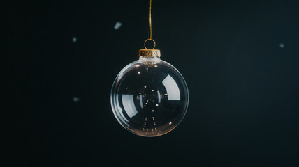 A high-quality product photograph of a clear glass Christmas ornament ball hanging against a pure black background