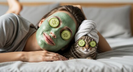 Woman and cat relaxing with cucumber eye masks on a bed