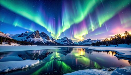 Vibrant aurora borealis arches over snow-capped mountains reflected in a frozen lake at twilight
